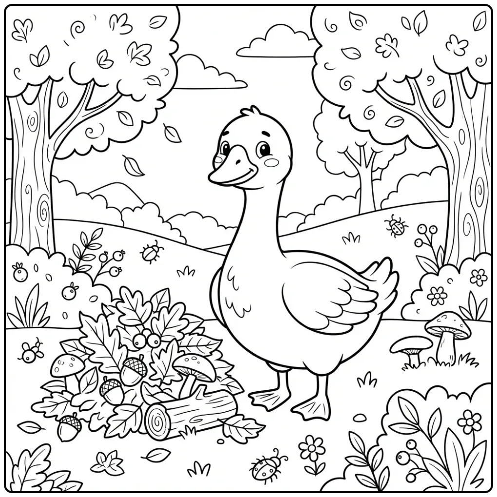 Schattige kleurplaat gans bij paddenstoelen in de herfst.