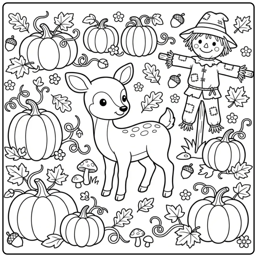 Kleurplaat hert tussen pompoenen en een vogelverschrikker.