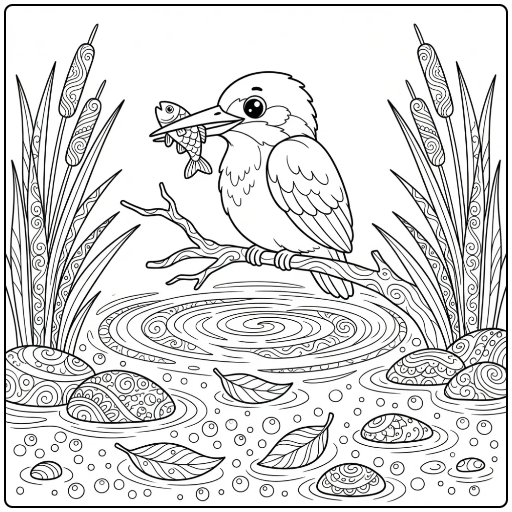 Gedetailleerde kleurplaat vogel moeilijk ijsvogel met vis.