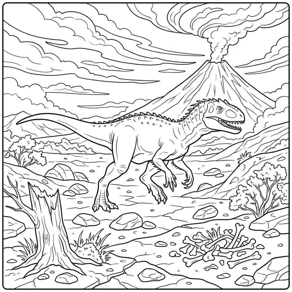 Spannende indominus rex kleurplaat op een vulkanische vlakte.