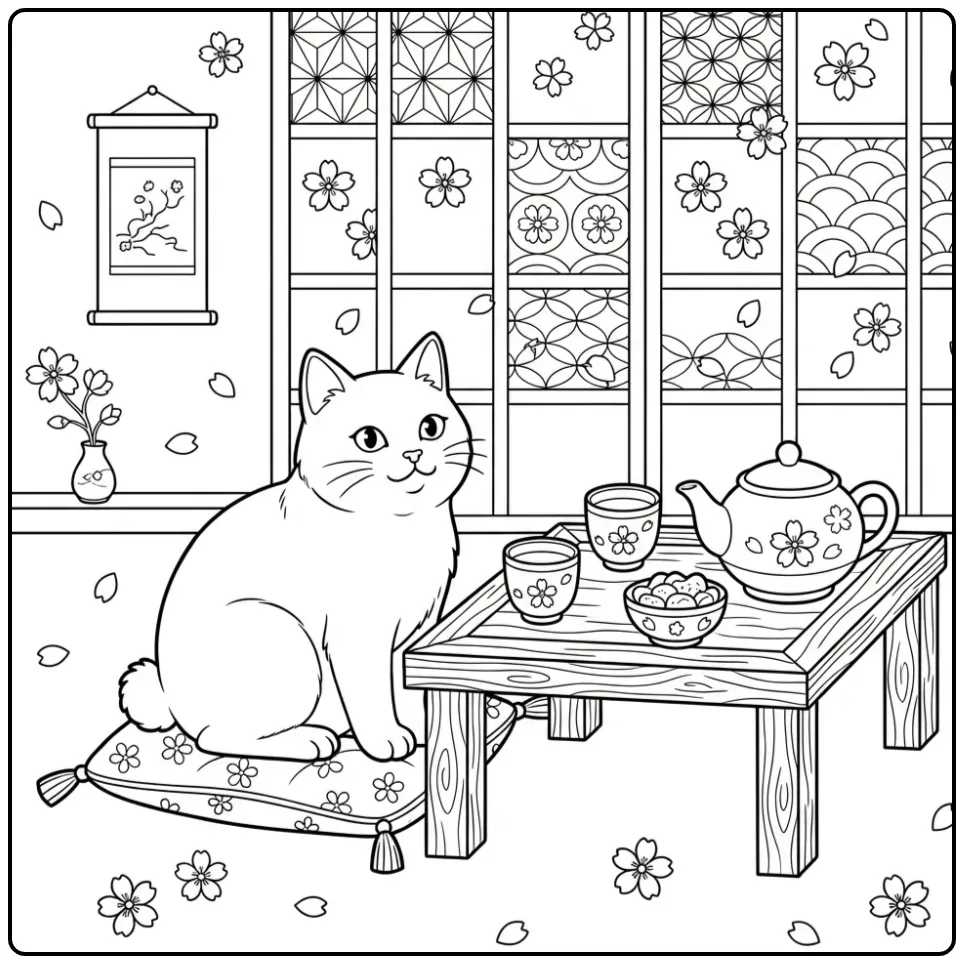 Een schattige poes kleurplaat met een Japanse theetafel.