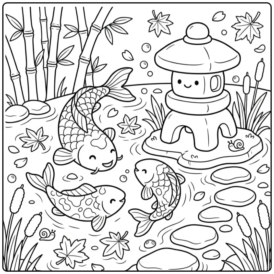 Drie vissen bij een lantaarn op deze koi karper kleurplaat.