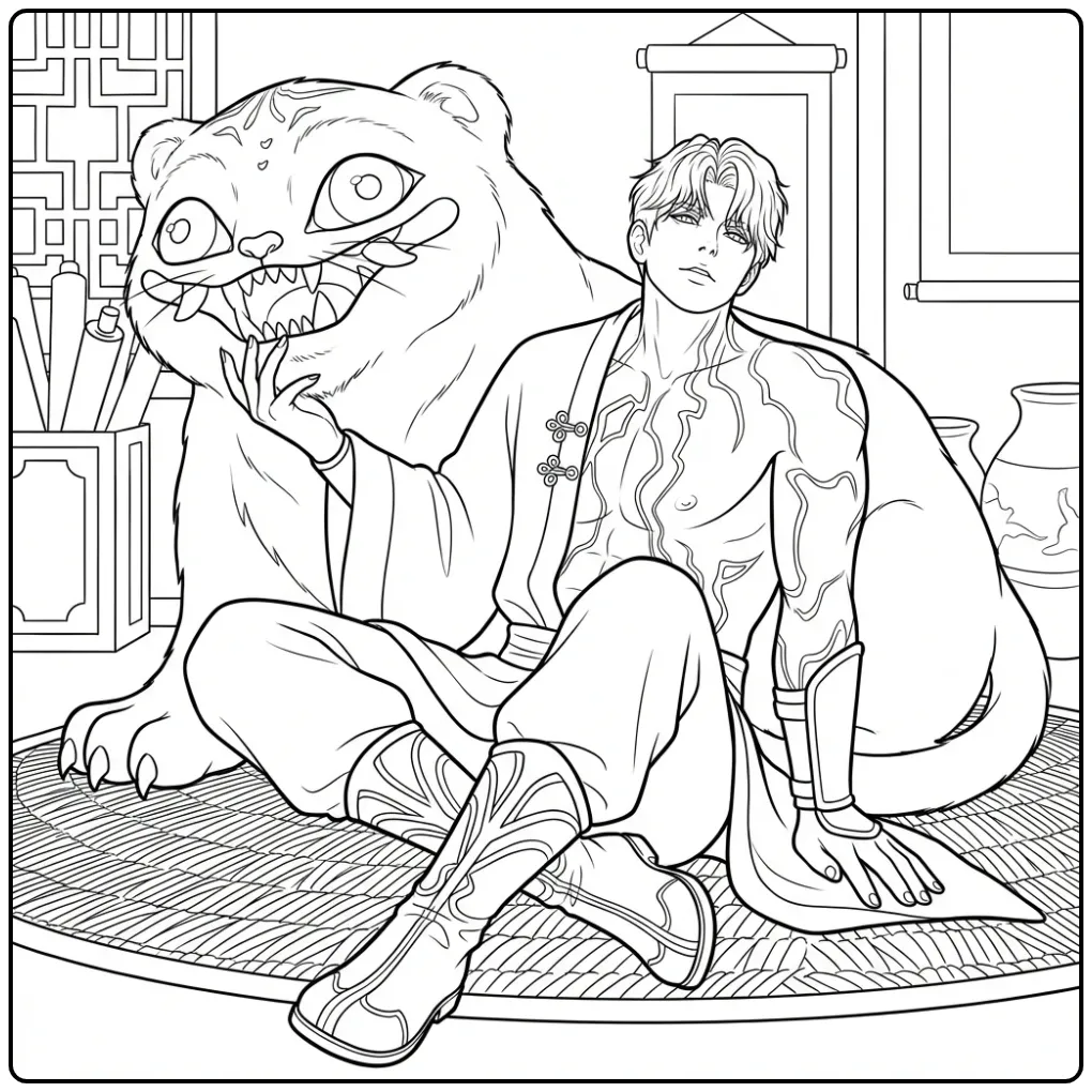 Kleurplaat van Jinu K-pop demon hunters met tijger.