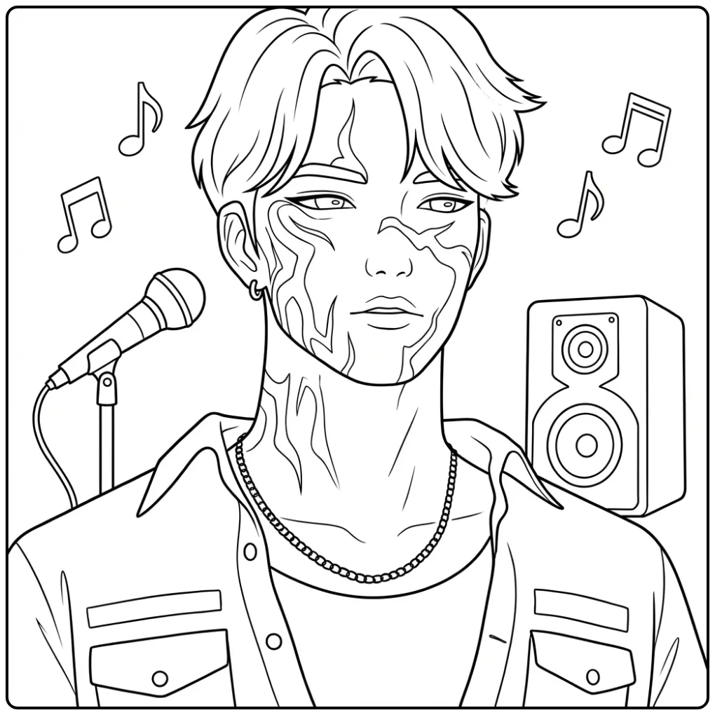 Jinu kpop demon hunters kleurplaat: zanger met microfoon.