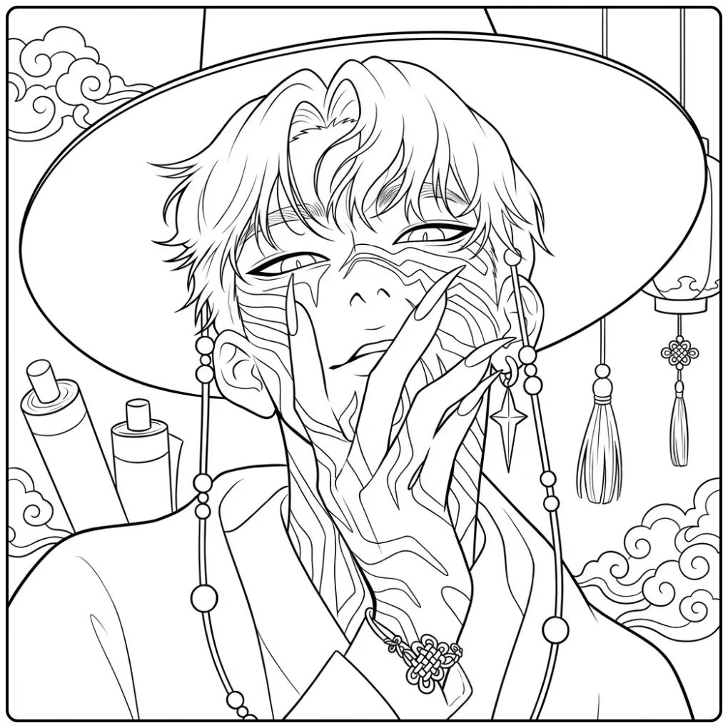 Kleurplaat van Jinu Kpop demon hunters met een hoed en klauwen.