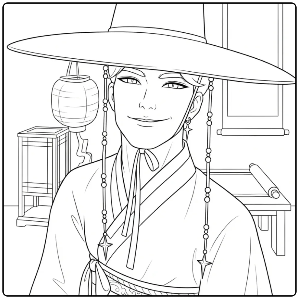 Jinu Kpop Demon Hunters kleurplaat van personage in hanbok.