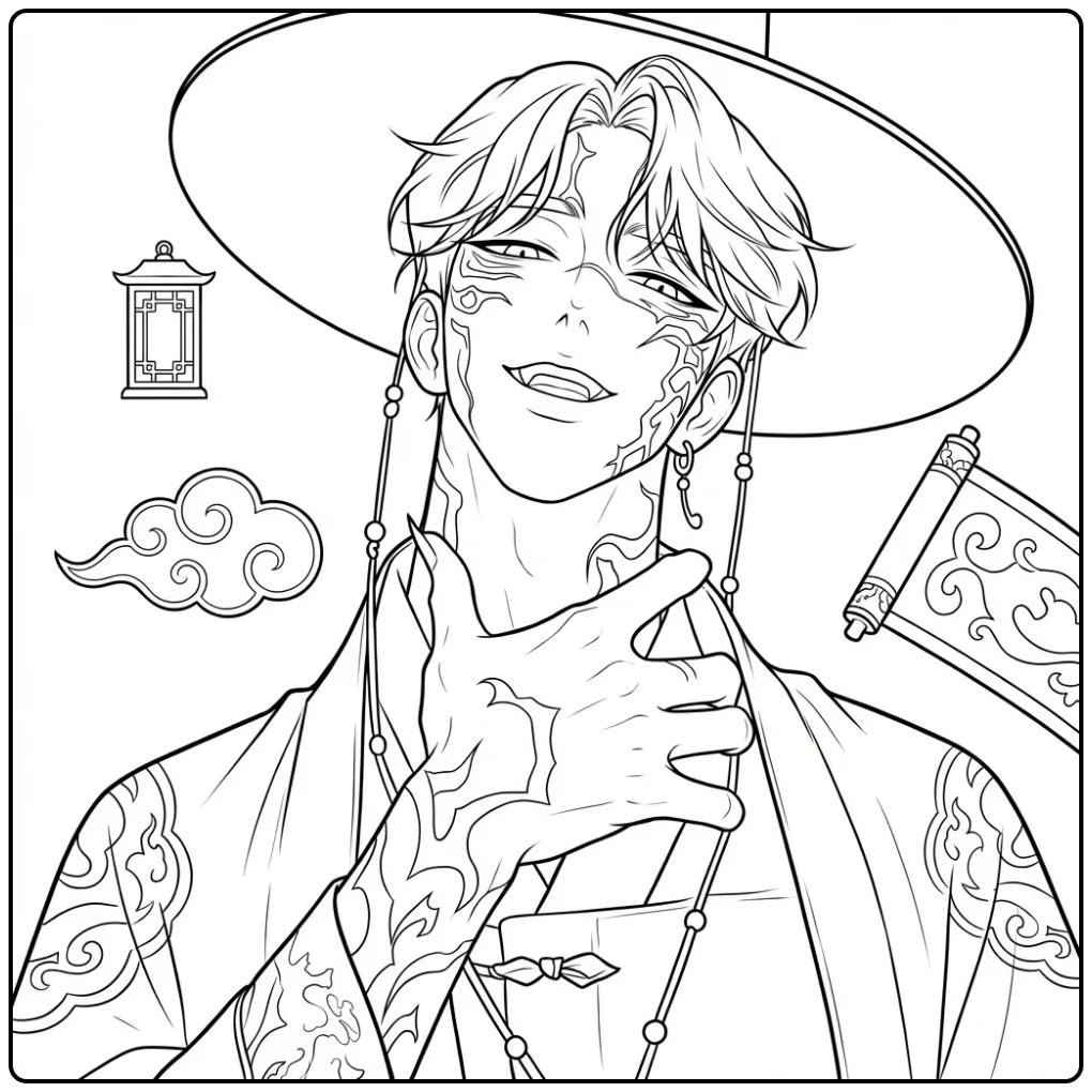 Jinu kpop demon hunters kleurplaat van man met hoed en tattoos.