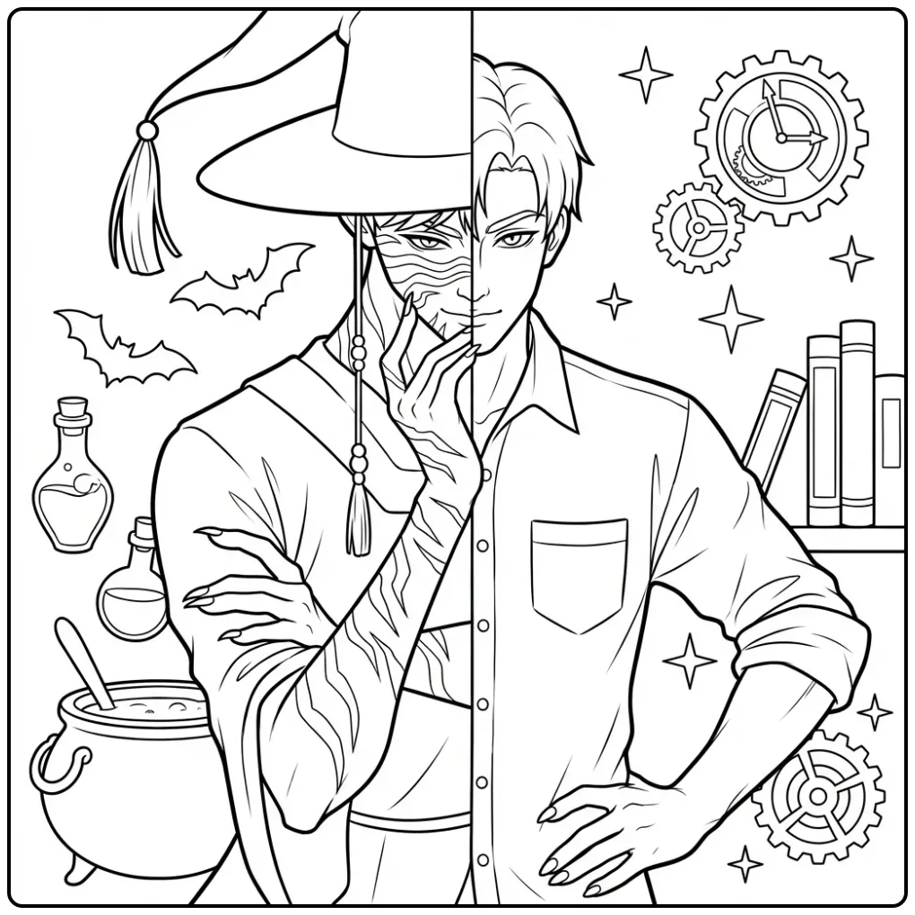 Jinu kpop demon hunters kleurplaat van een heks en een man.