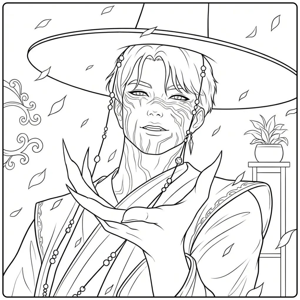 Kleurplaat van een man met hoed, als een jinu kpop demon hunters kleurplaat.