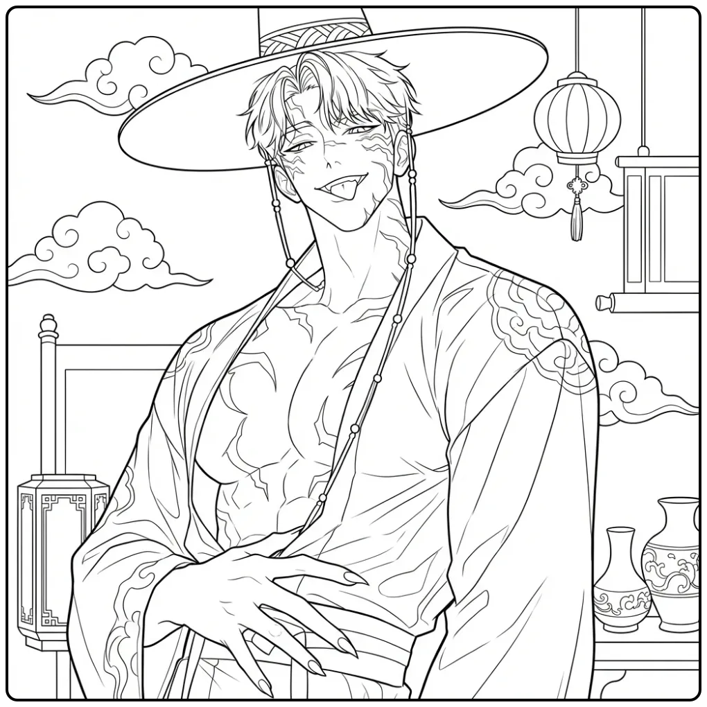 Jinu kpop demon hunters kleurplaat van een man met hoed.