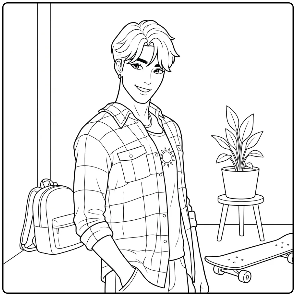 Jinu kpop demon hunters kleurplaat: jongen met rugzak en skate.