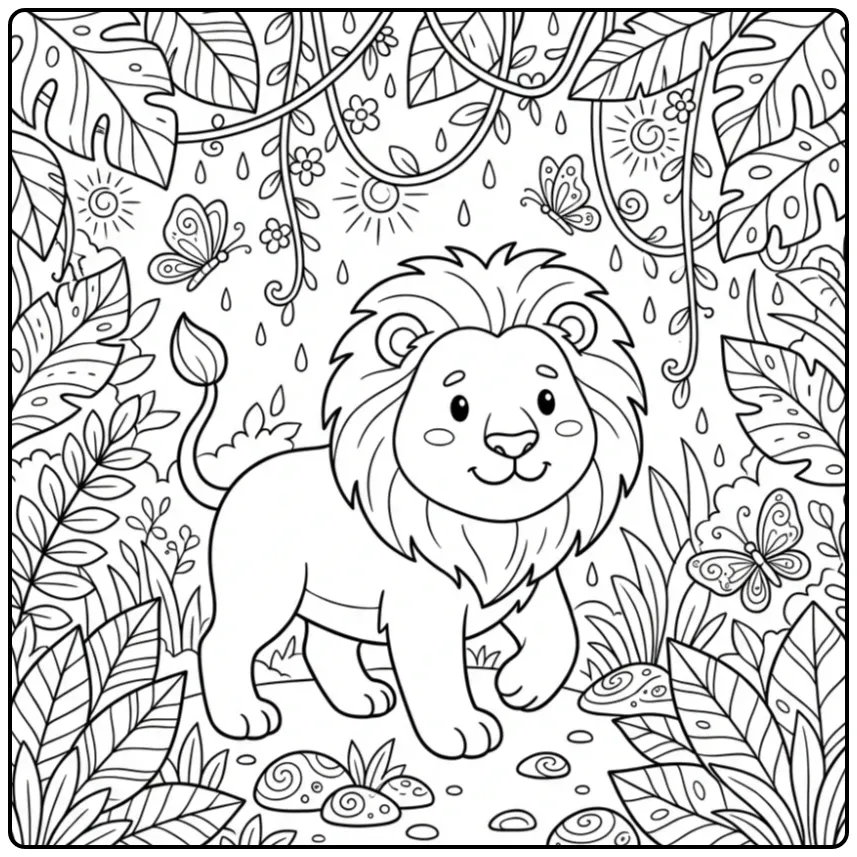 Gedetailleerde kleurplaat leeuw volwassenen in de jungle.