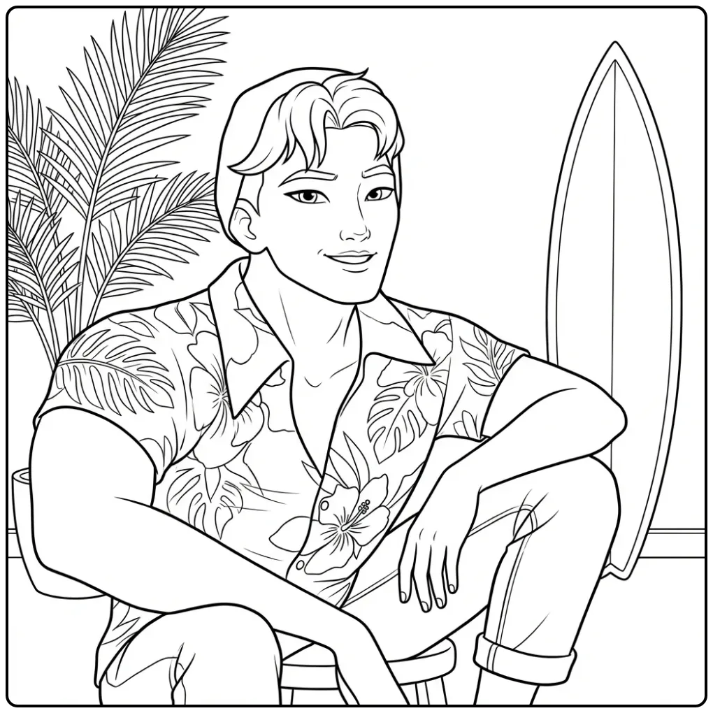 K-pop demon hunters kleurplaat Abso met surfende jongeman.