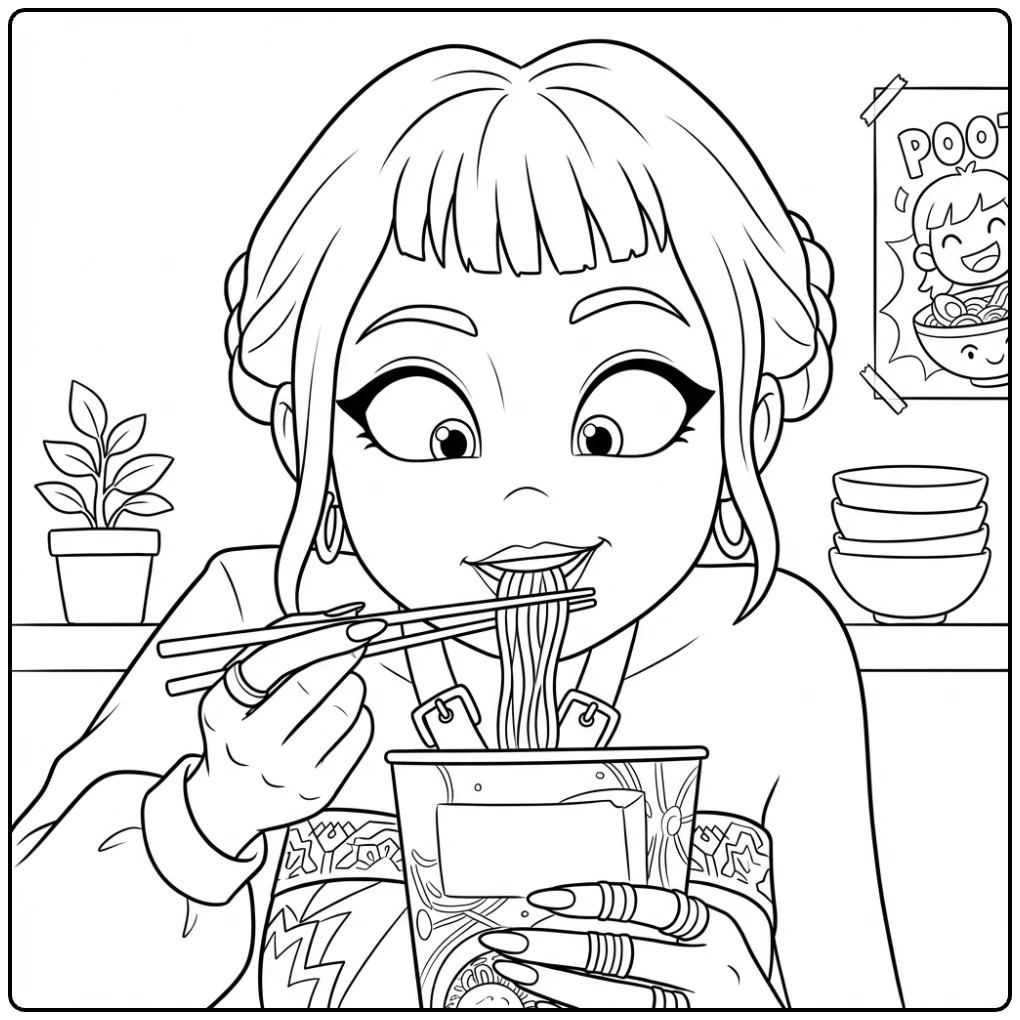 Zoey eet noedels, kpop demon hunters kleurplaat zoey.