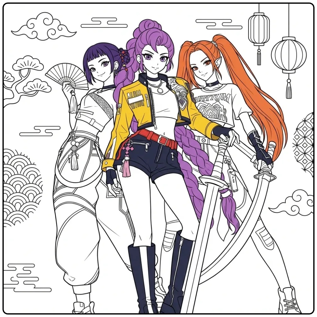 Een kleurplaat kpop demon hunters met drie stoere meiden.