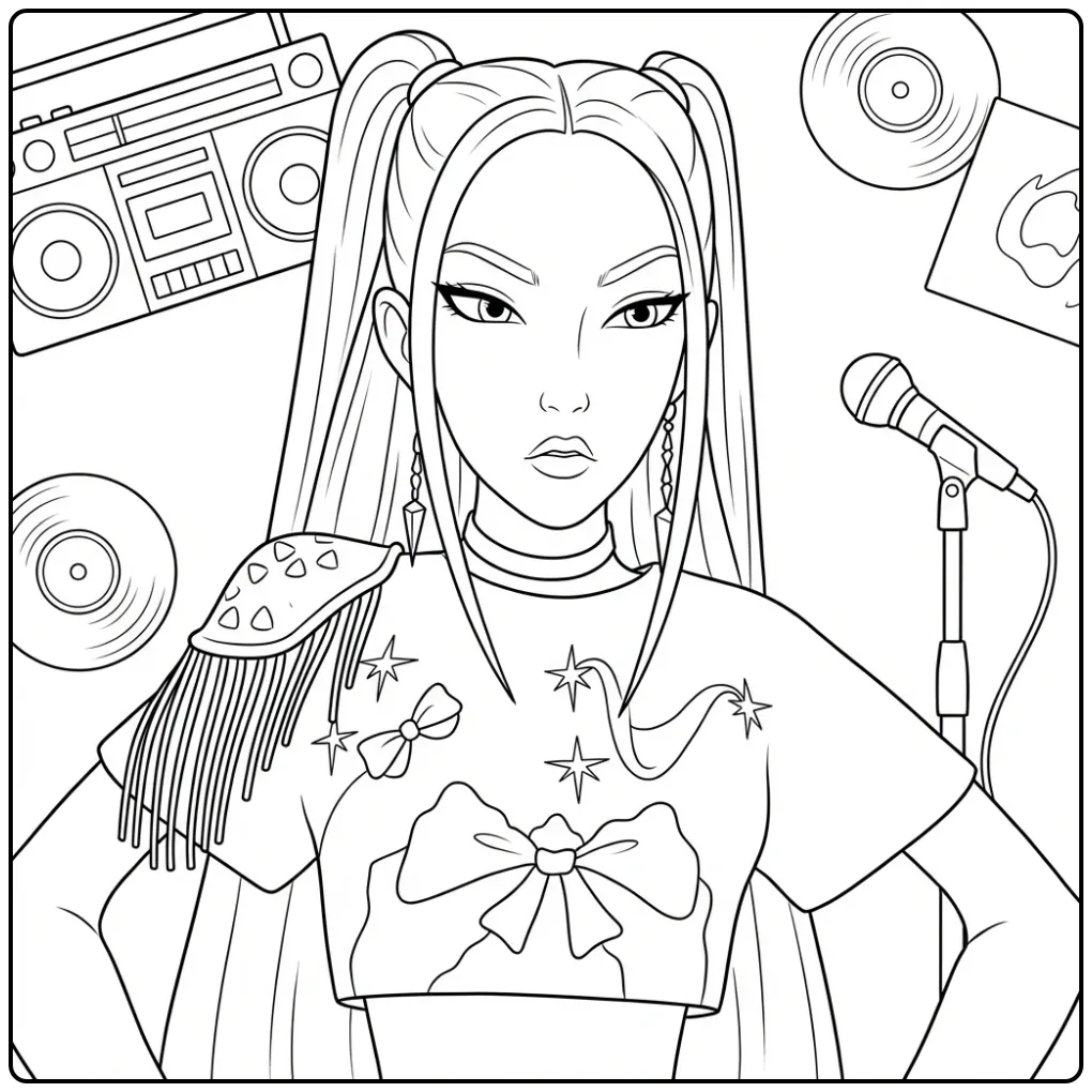 Kleurplaat kpop demon hunters mira met zangeres en muziek.