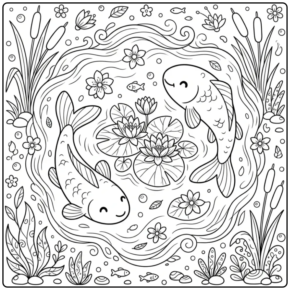 Leuke karper kleurplaat met twee vissen en waterlelies.