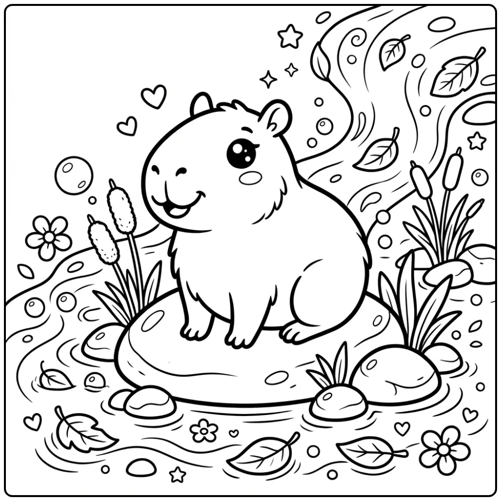 Lieve capybara kleurplaat cute op een steen bij de rivier.