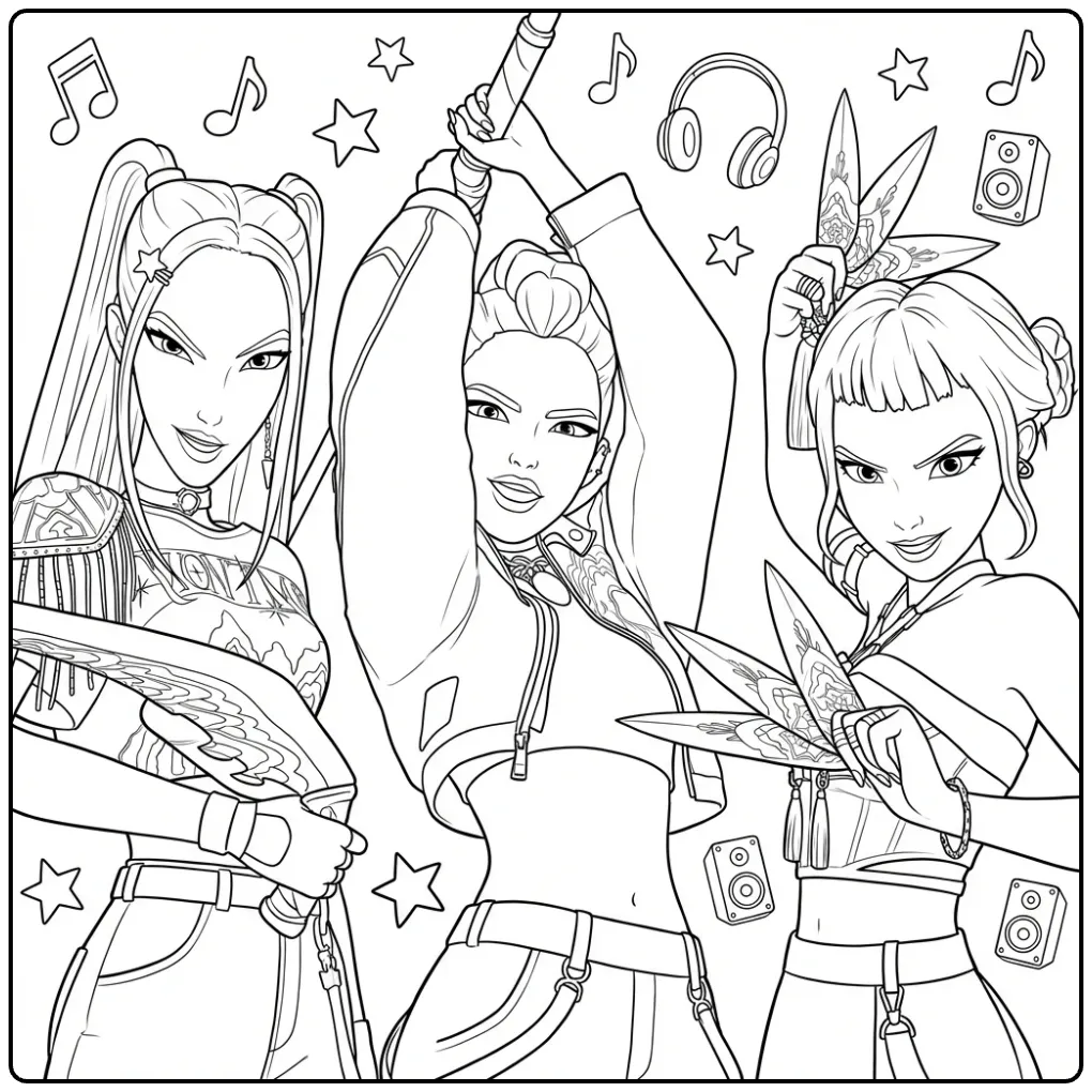 Kpop demon hunters kleurplaat: drie meiden met wapens.