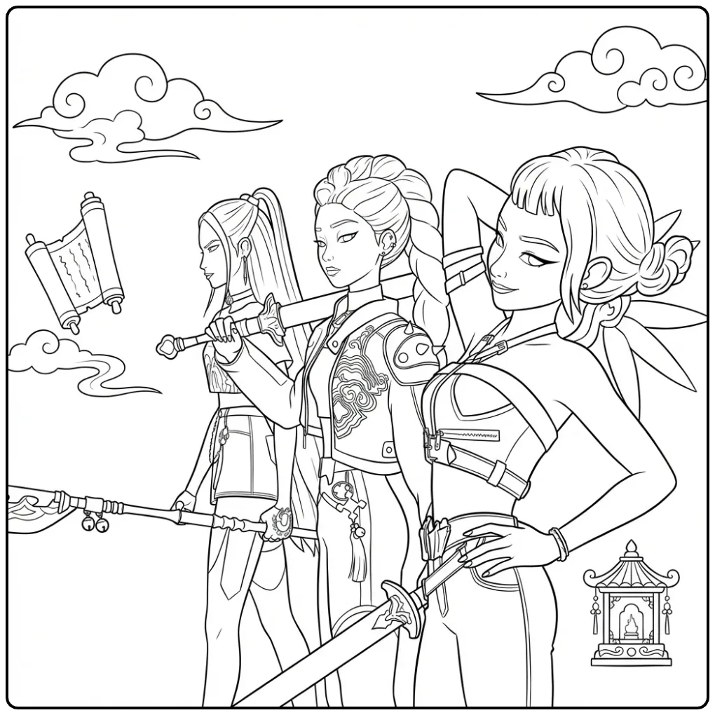 Kpop demon hunters kleurplaat met drie meiden en wapens.