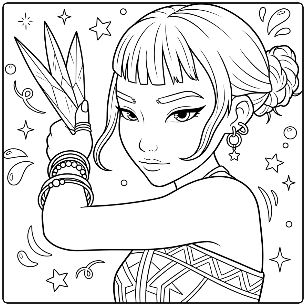 Kpop demon hunters kleurplaat zoey met wapens en knotje.