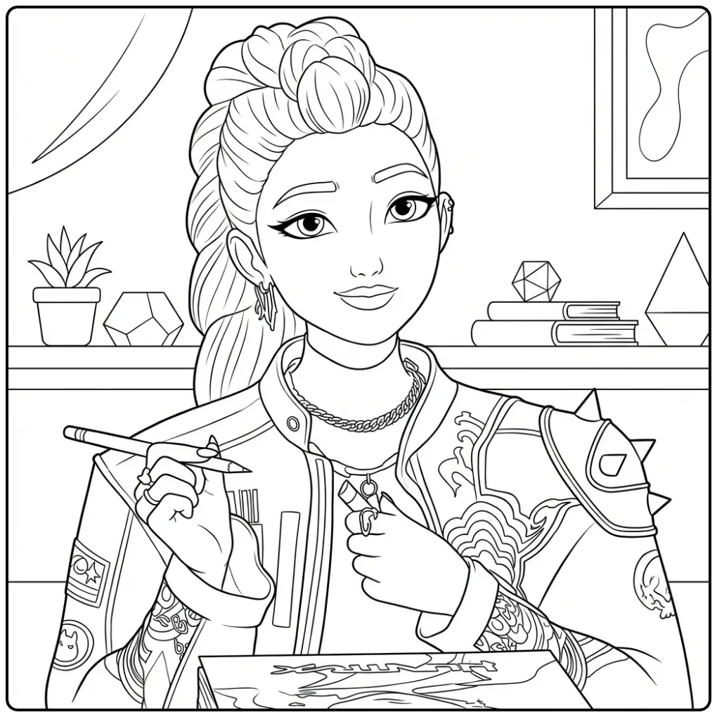 Kleurplaat kpop demon hunters rumi: meid met potlood en strip.