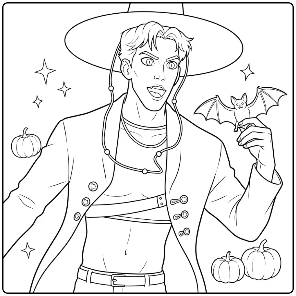 kpop demon hunters kleurplaat Abso: man met vleermuis en hoed.