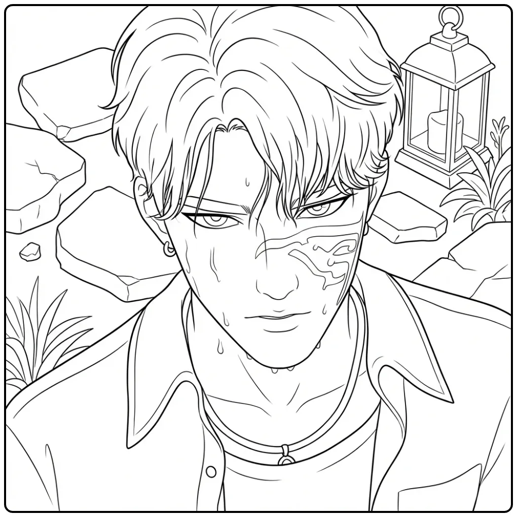 Jinu kpop demon hunters kleurplaat, bezweet en intens gezicht.