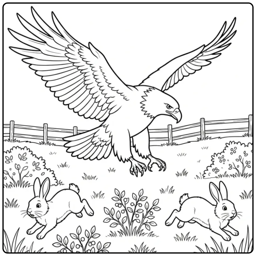 Een gedetailleerde kleurplaat adelaar die jaagt op konijnen.