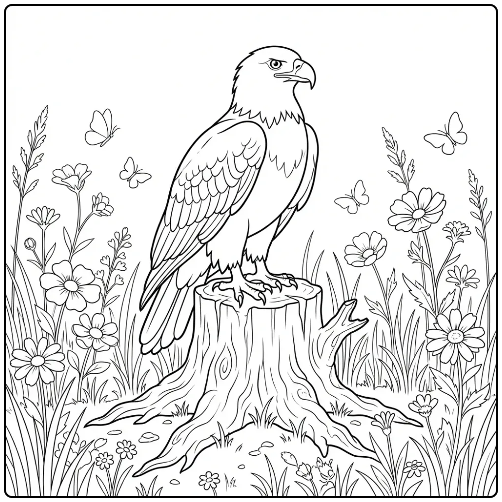 Kleurplaat adelaar op een boomstronk tussen wilde bloemen.