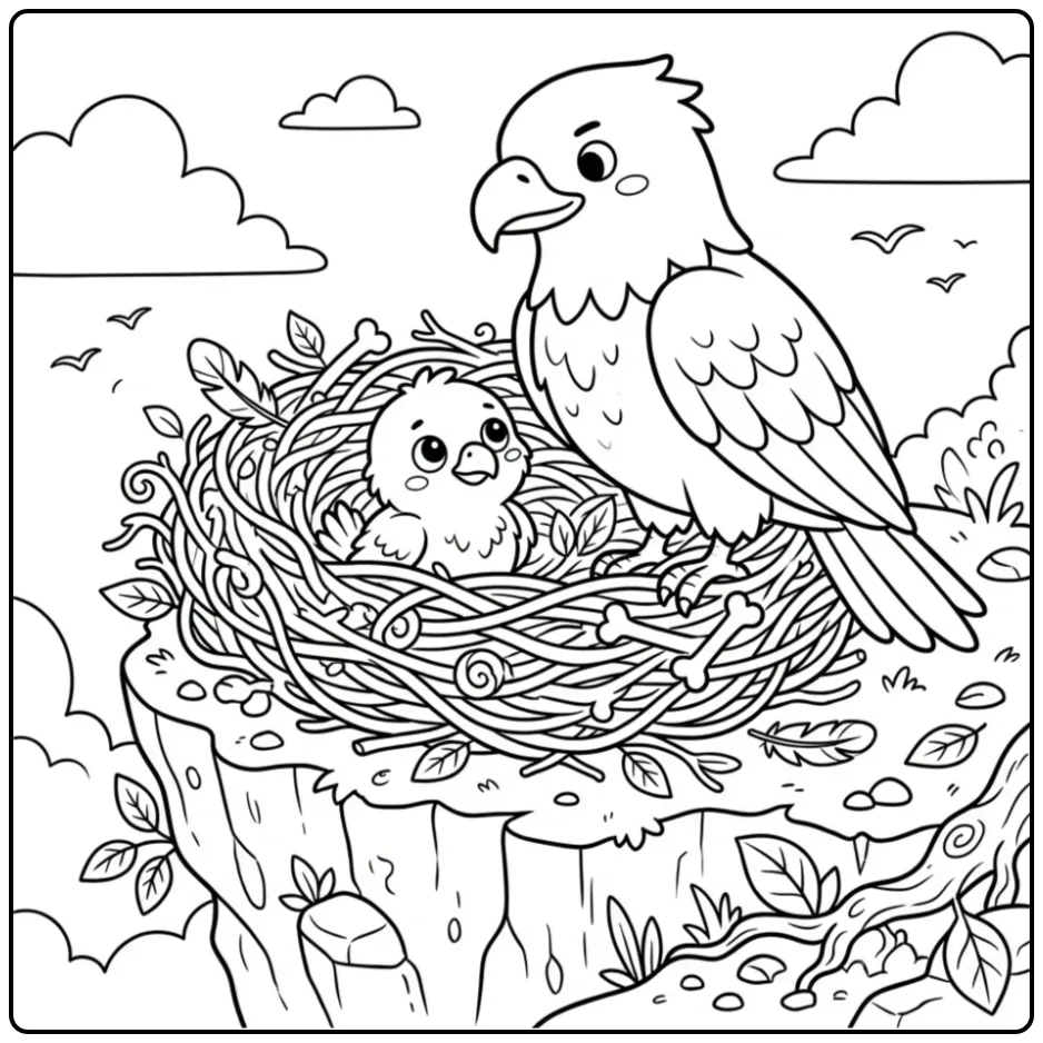 Schattige kleurplaat adelaar op een nest met kuiken.