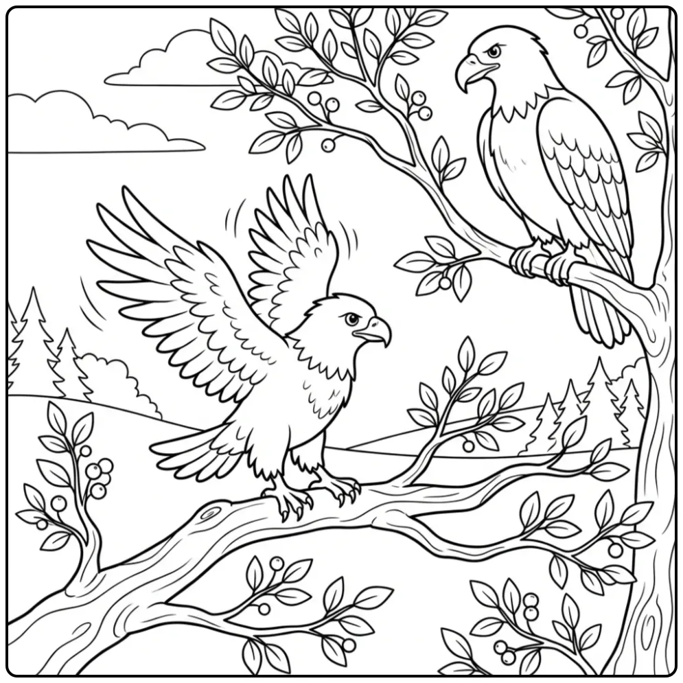 Een mooie kleurplaat adelaar van een jong dat leert vliegen.