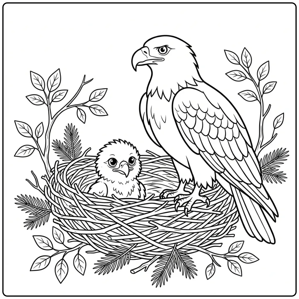Mooie kleurplaat adelaar met nest en pluizig kuiken.