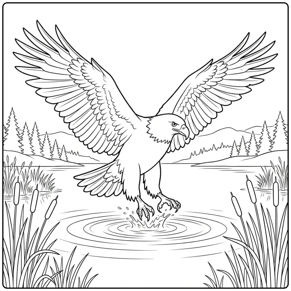 Printbare kleurplaat adelaar met water en riet.