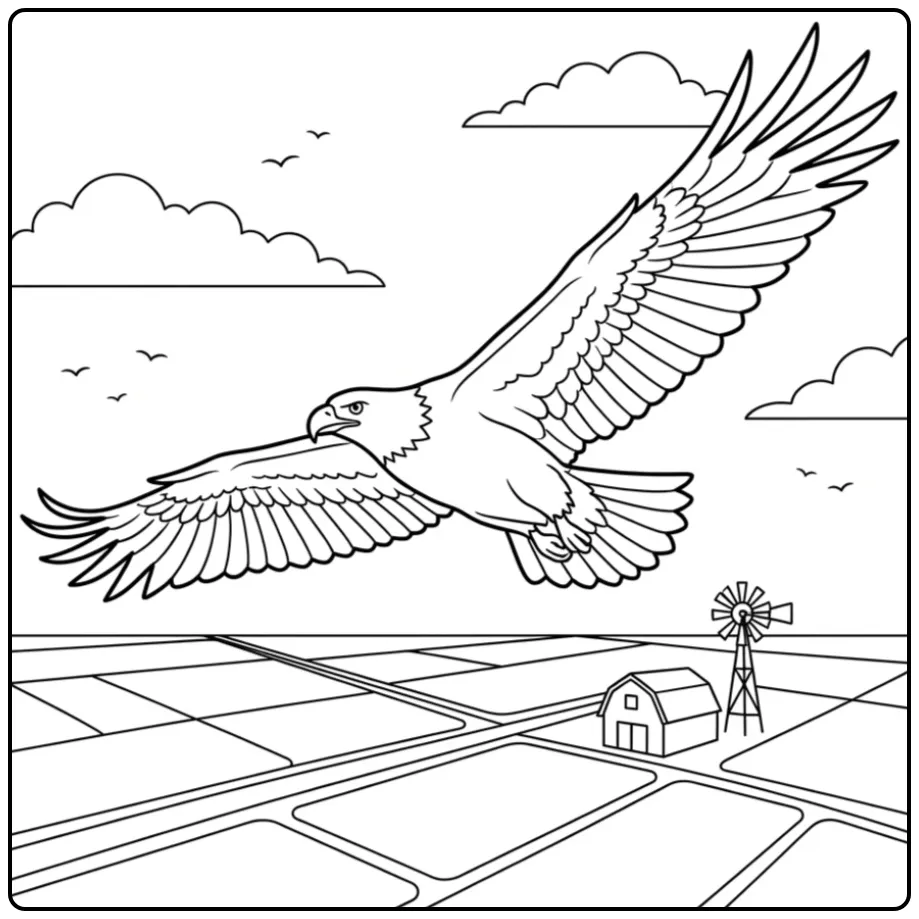 Zwevende kleurplaat adelaar boven velden en een windmolen.