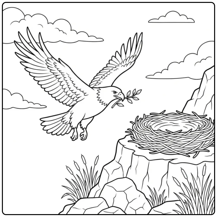 Een gedetailleerde kleurplaat adelaar bouwt zijn nest.