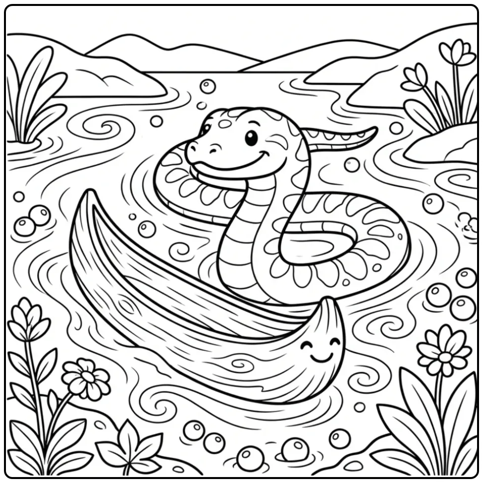 Een schattige kleurplaat anaconda zwemmend bij drijfhout.