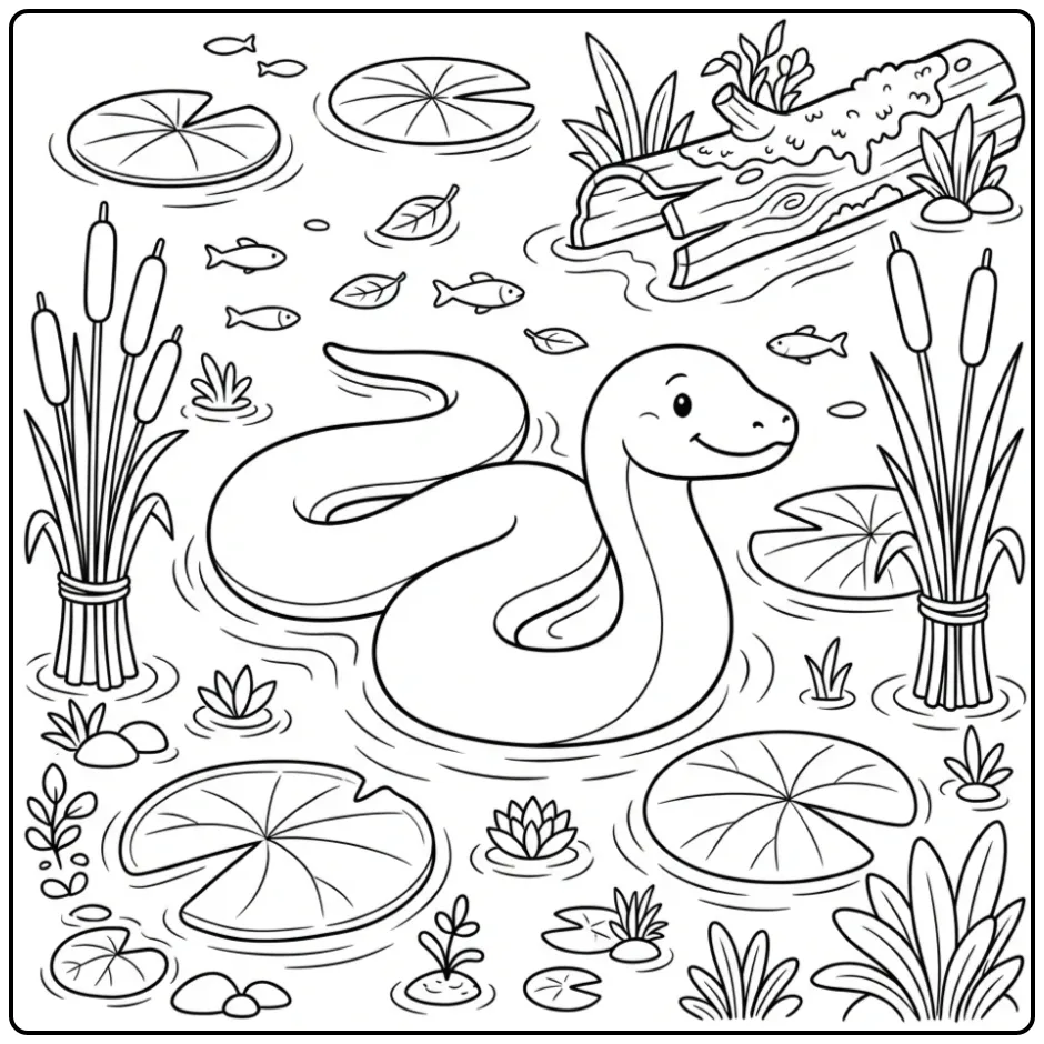 Een schattige kleurplaat anaconda zwemmend tussen waterlelies.