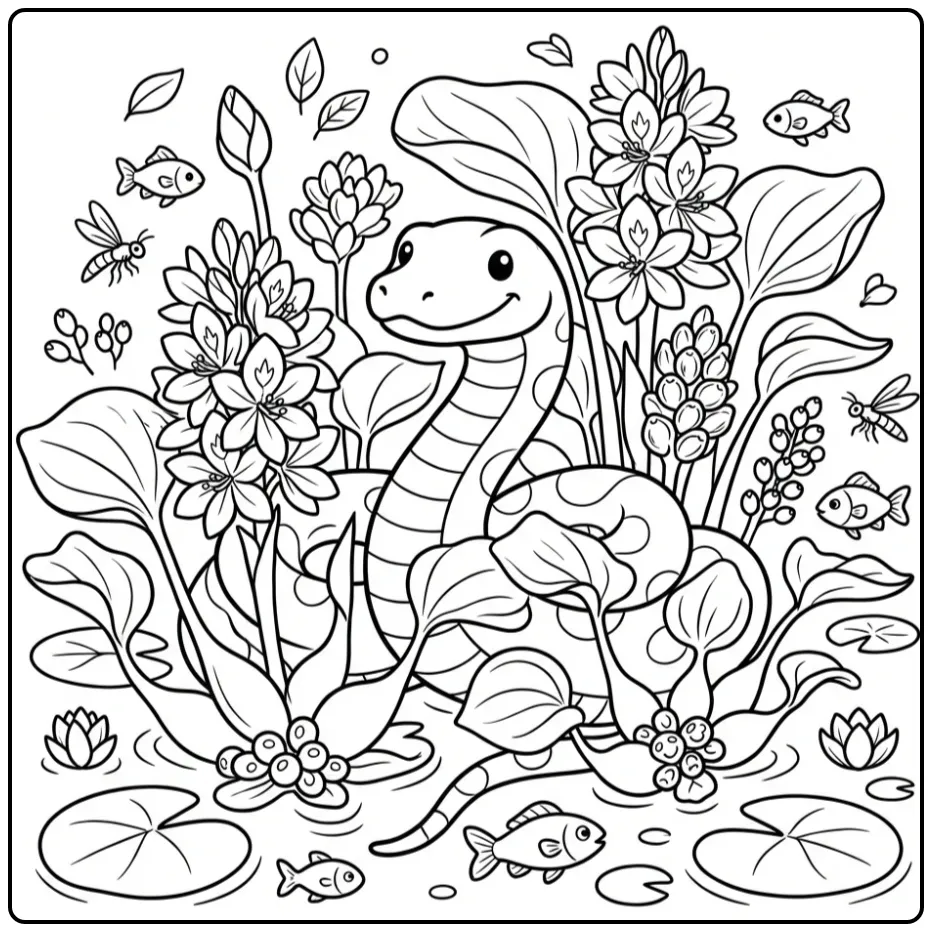 Schattige kleurplaat anaconda in het water met planten.