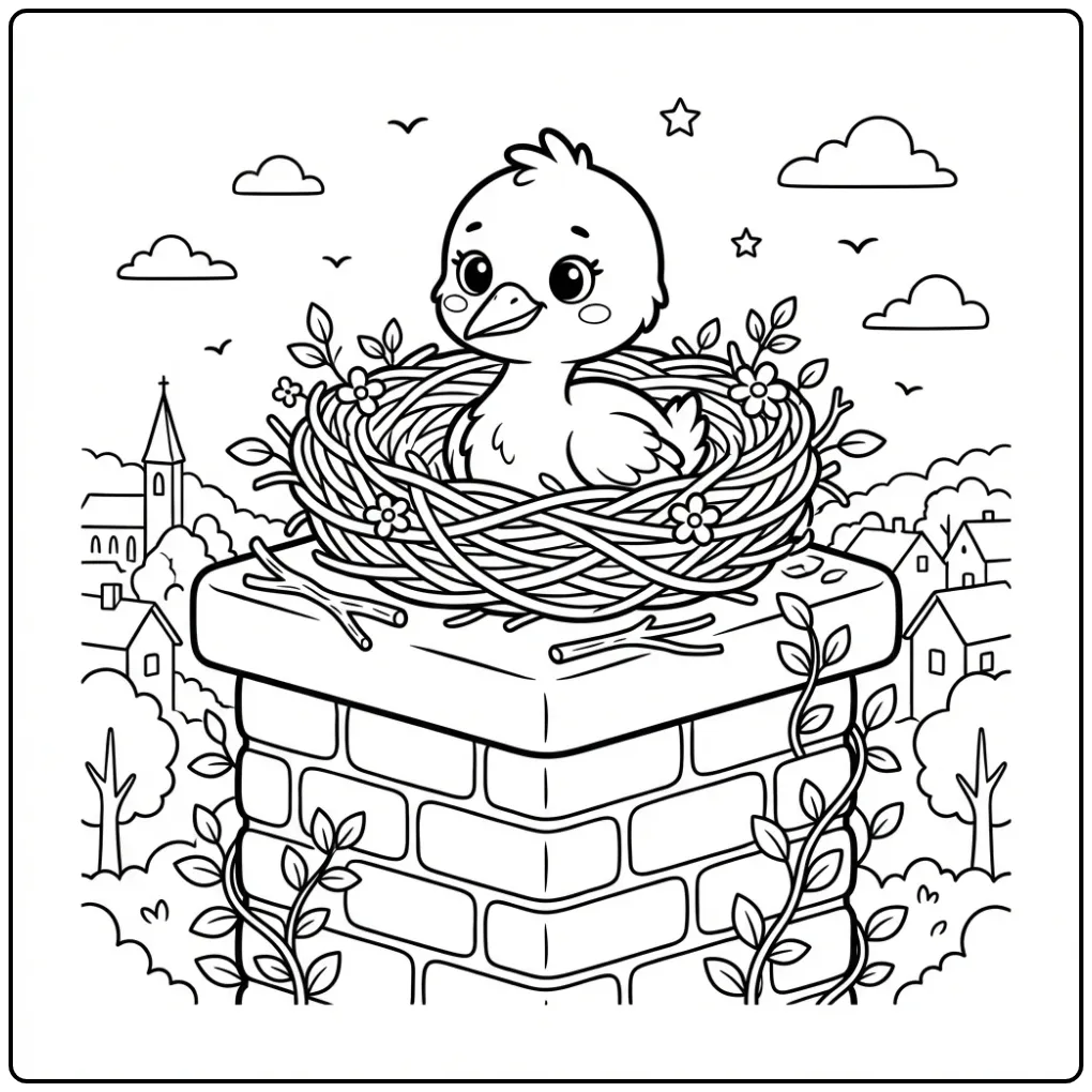 Schattige kleurplaat baby ooievaar in een nest op het dak.