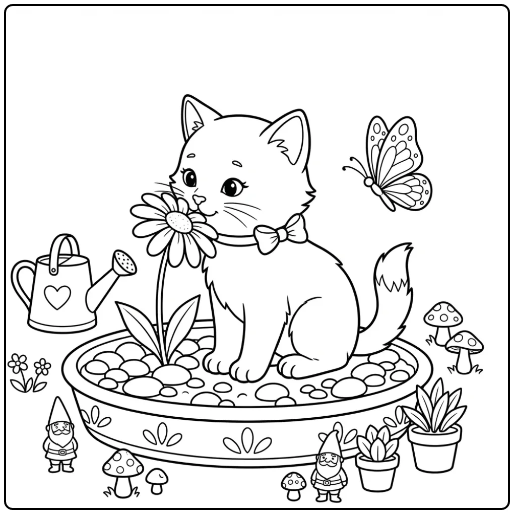 Schattige kleurplaat baby poes in bloempot met madeliefje