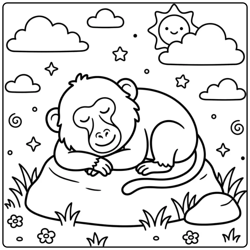 Een schattige kleurplaat baviaan slapend op een steen.