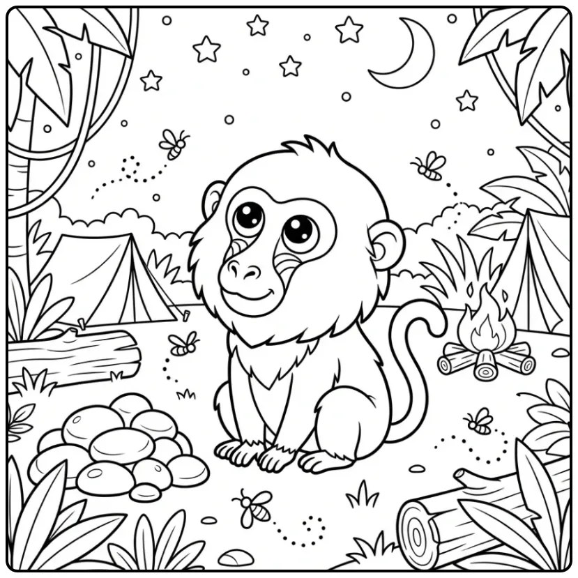 Schattige kleurplaat baviaan kijkt naar de sterren in de jungle.