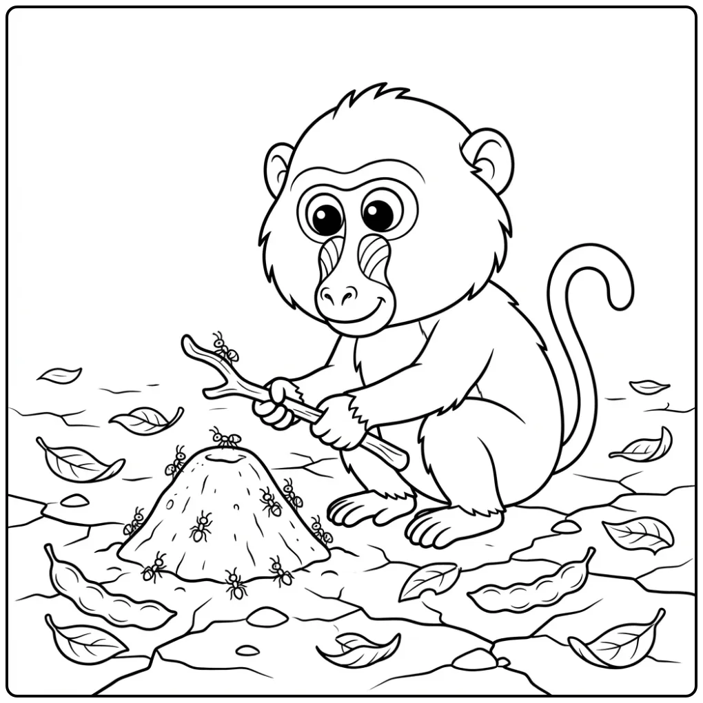 Schattige kleurplaat baviaan met een stokje bij een mierenhoop.