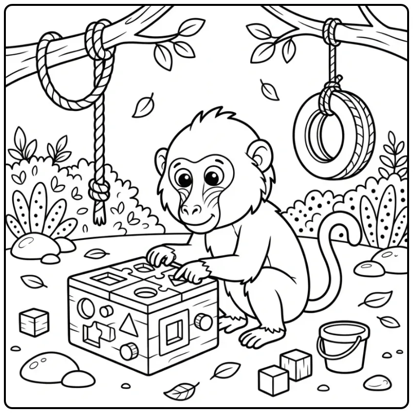 Leuke kleurplaat baviaan met houten puzzel in de dierentuin.