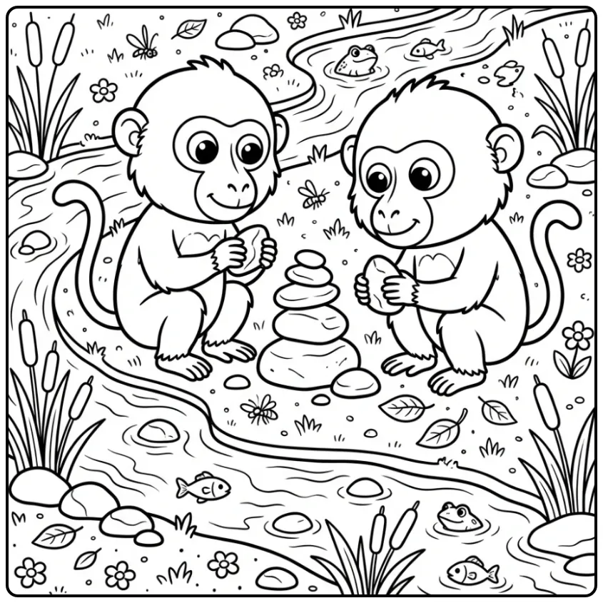 Schattige kleurplaat baviaan met aapjes die stenen stapelen.