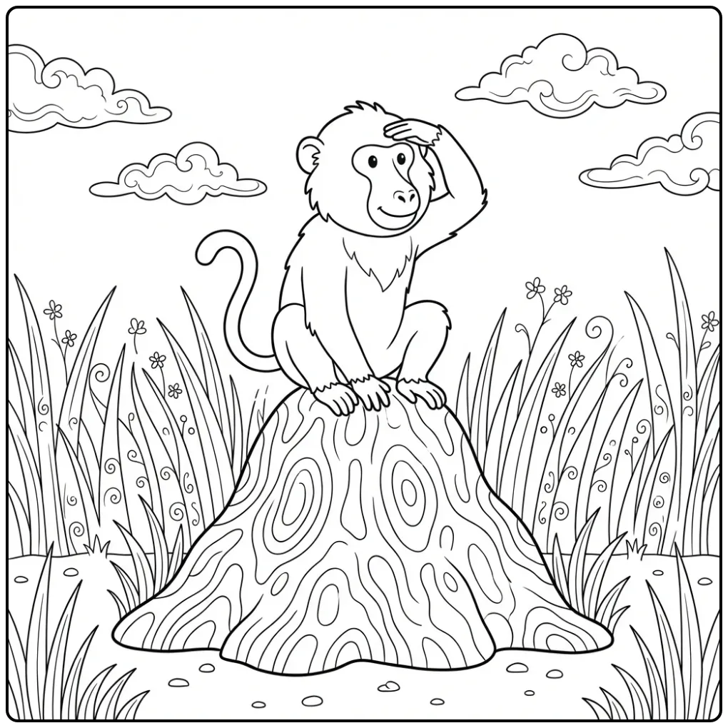 Een schattige kleurplaat baviaan op de uitkijk in de natuur.