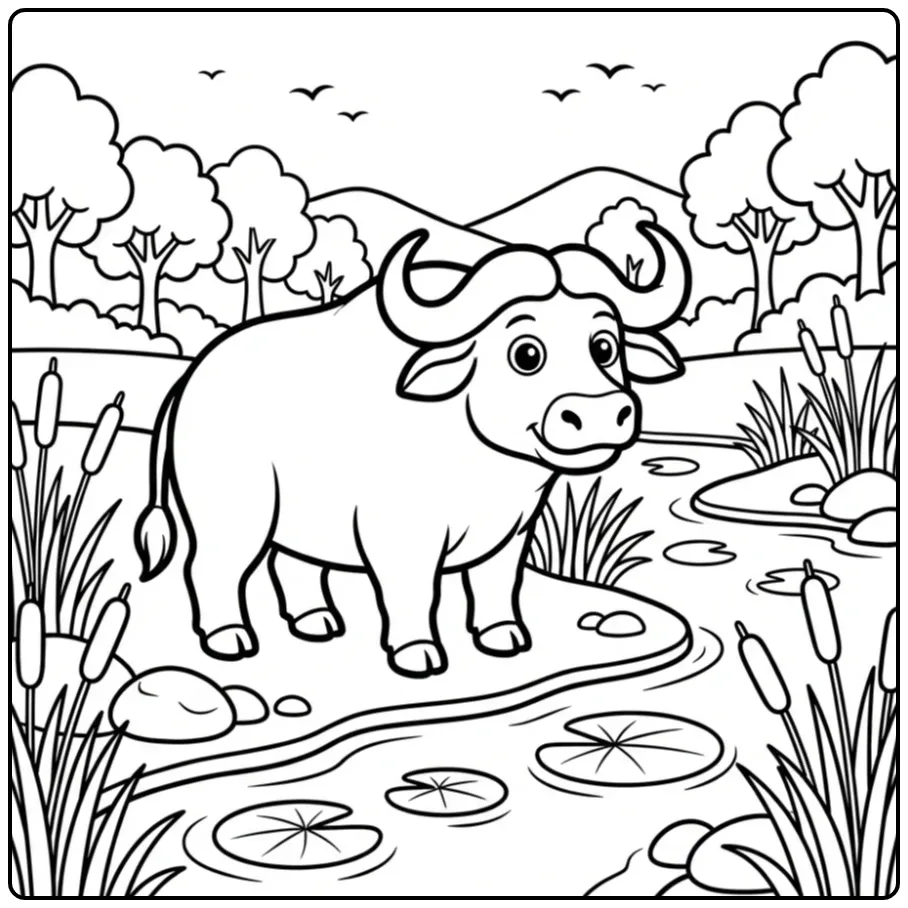 Een schattige kleurplaat buffel bij de rivier met riet.