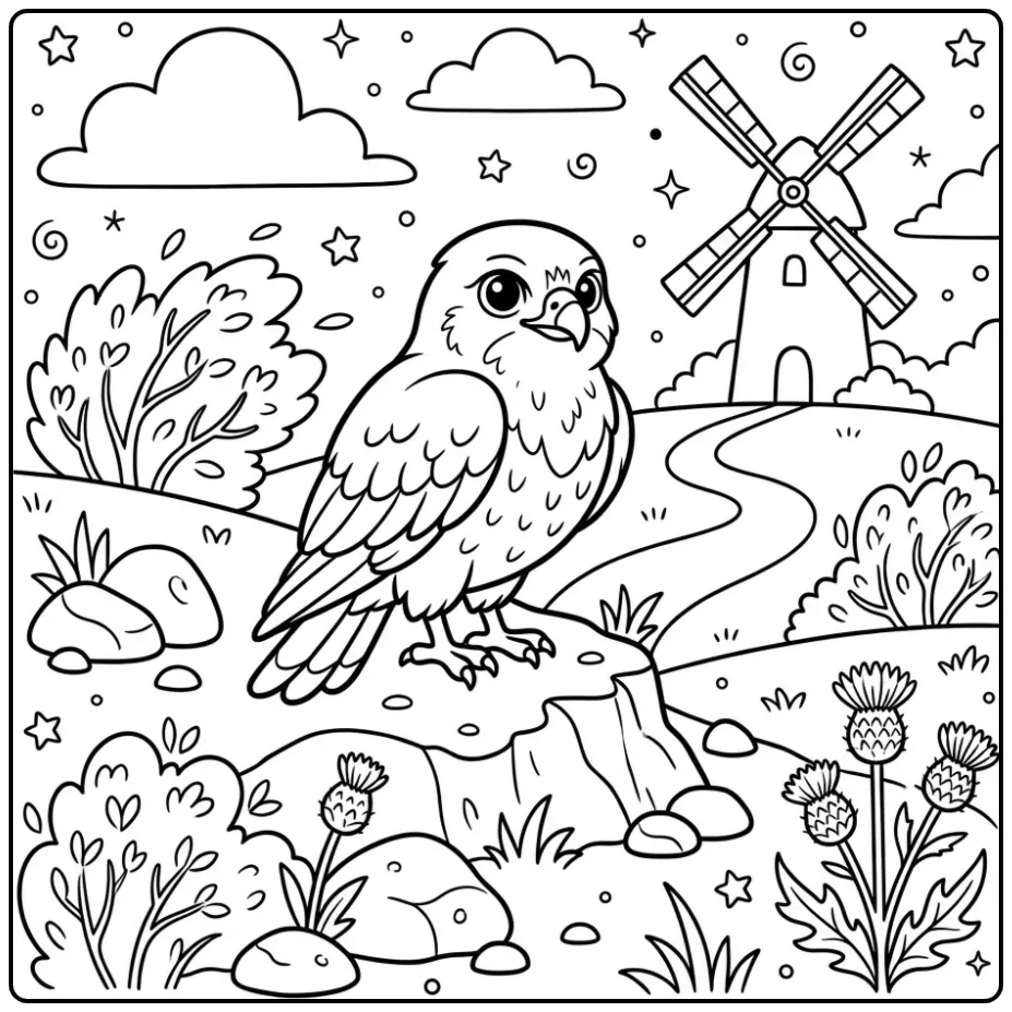 Schattige kleurplaat buizerd op een heuvel met windmolen.