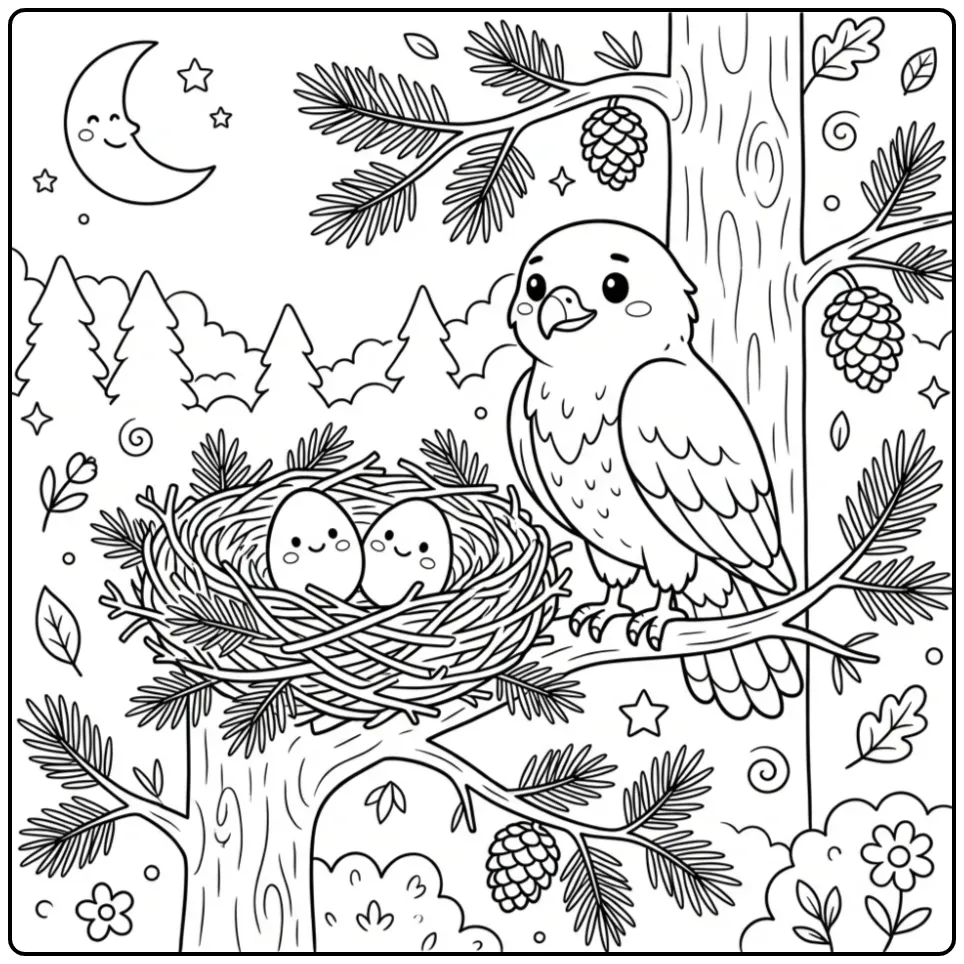 Een schattige kleurplaat buizerd op een tak bij een nest.